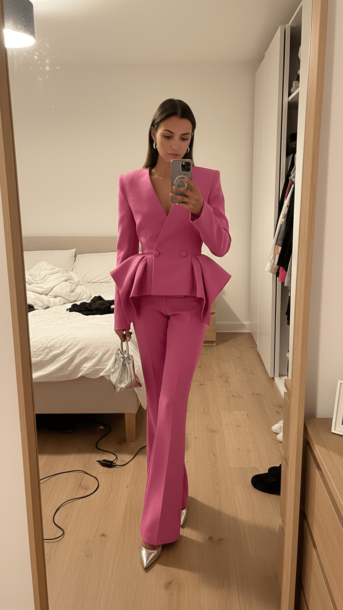Women's Double-Breasted V-Neck Blazer and Wide-Leg Pants Dressy Set | Two-Piece