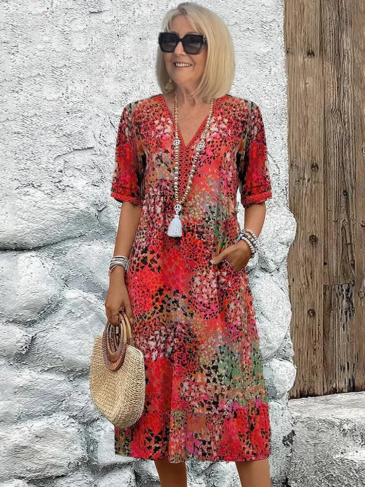 Women's Midi Dress with Vibrant Print and Flowy Design