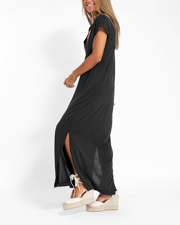 Women's V-Neck Short Sleeve Maxi Dress with Side Slit and Flowing Design