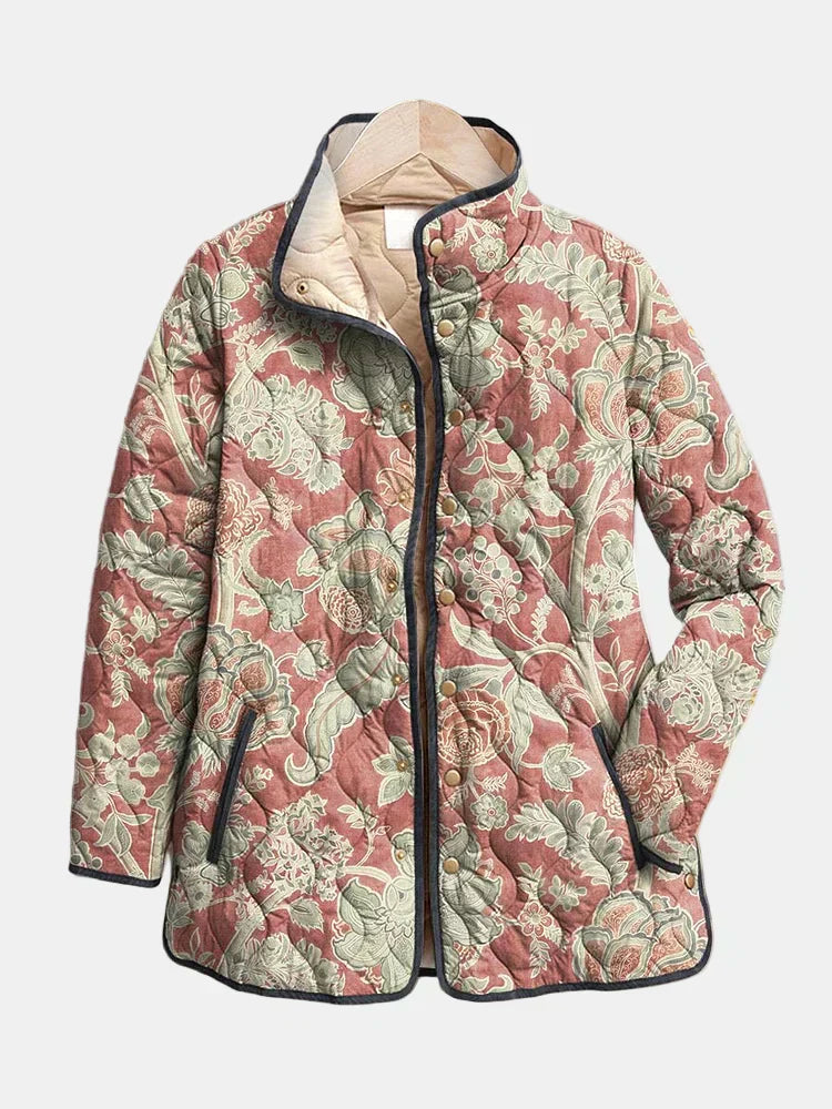 Women's Casual Quilted Jacket with Vintage Floral Design and Lightweight Fabric
