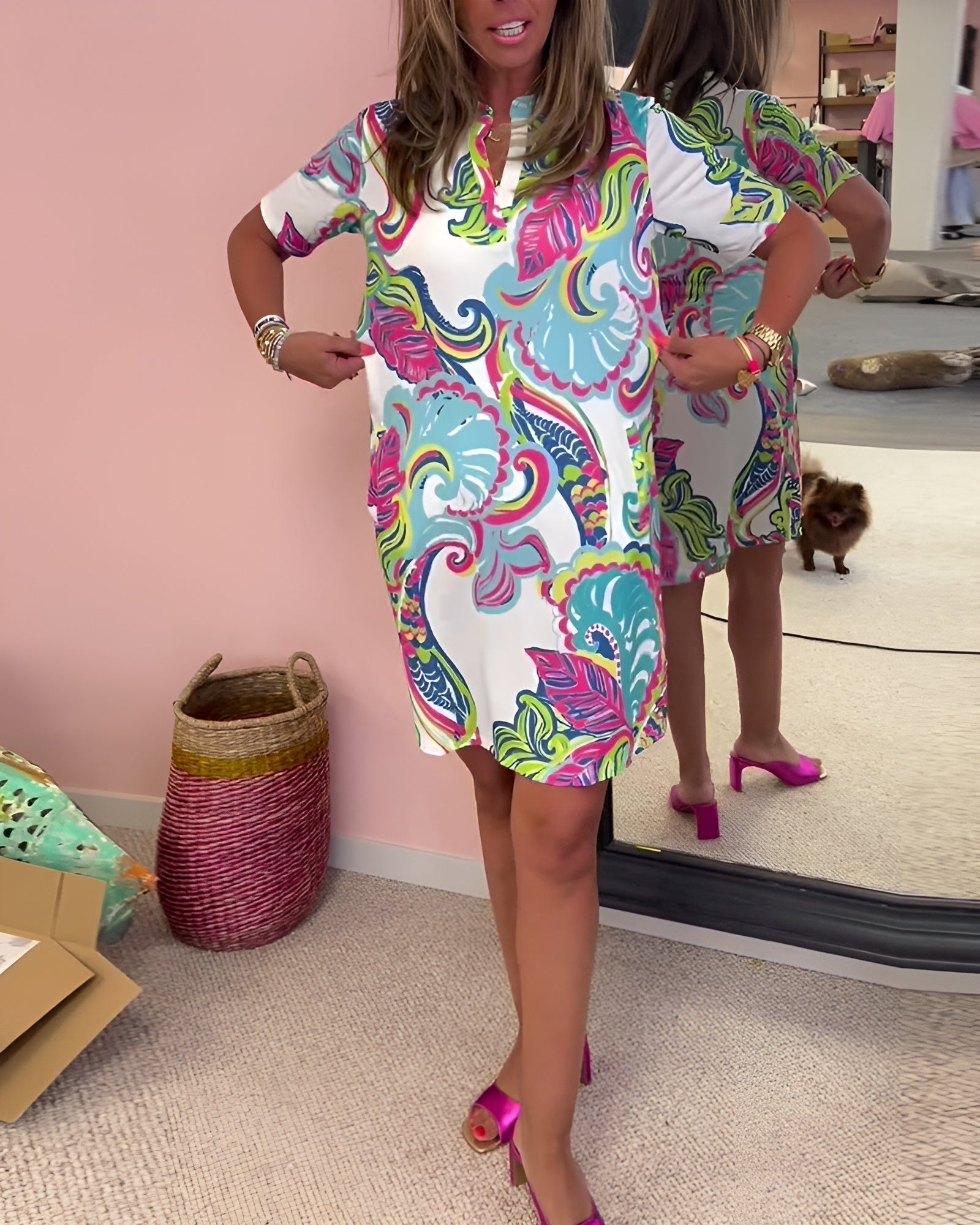 Women's V Neck Draped Dress with Tummy Control and Printed Design