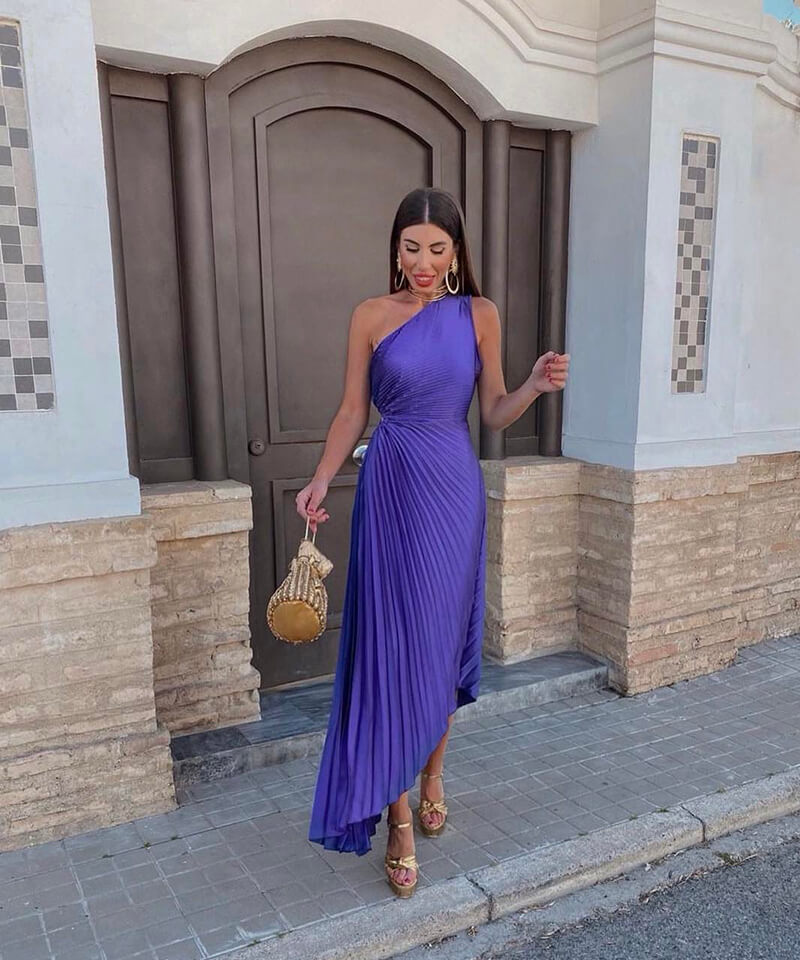 Women's One Shoulder Asymmetric Midi Dress with Evening Style and Elegant Design