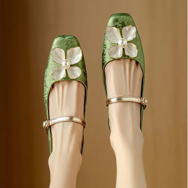Isabeau | Women's Floral Mary Jane Pumps Block Heel Jacquard Strap