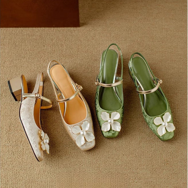 Isabeau | Women's Floral Mary Jane Pumps Block Heel Jacquard Strap