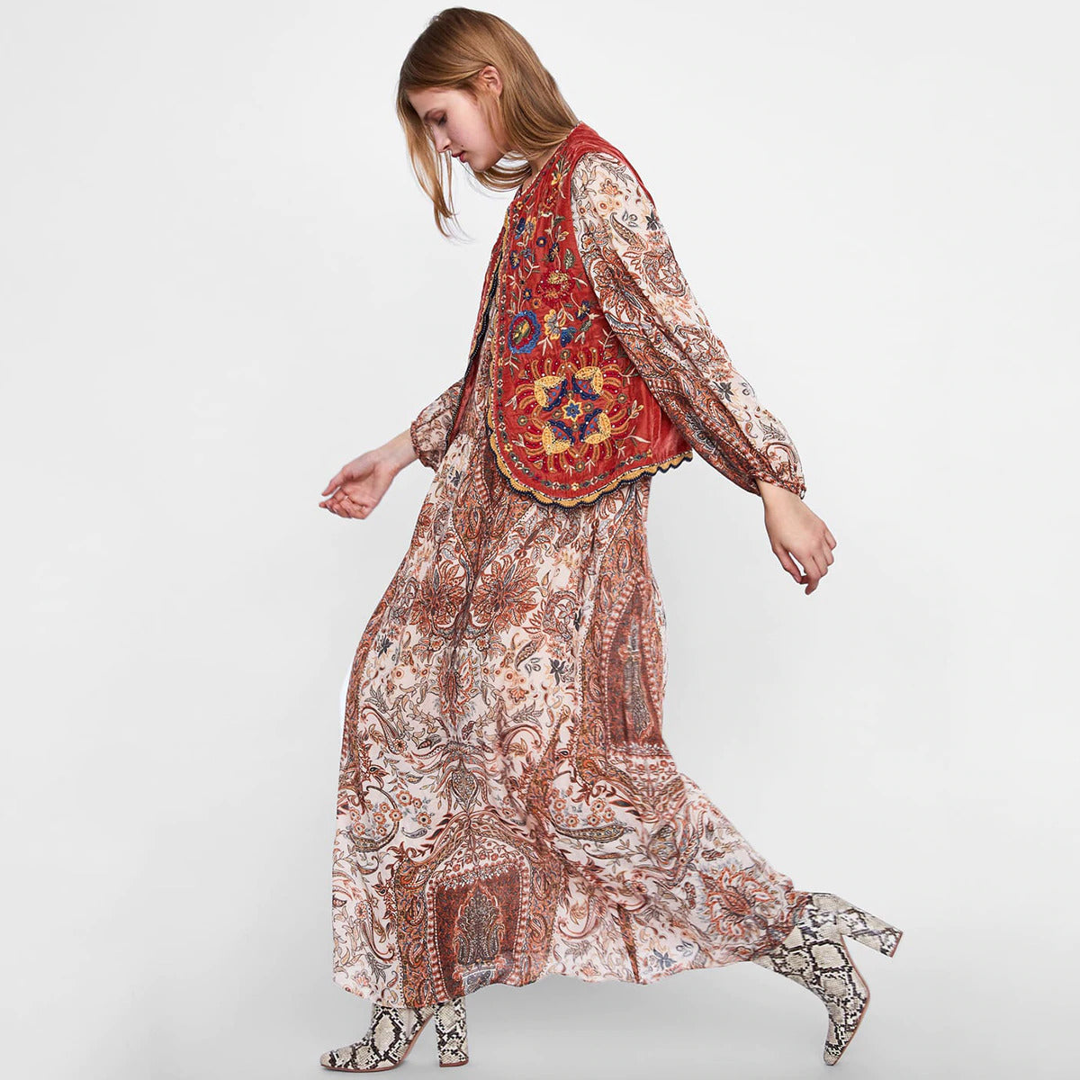 Women's Boho Waistcoat with Floral Design and Soft Texture