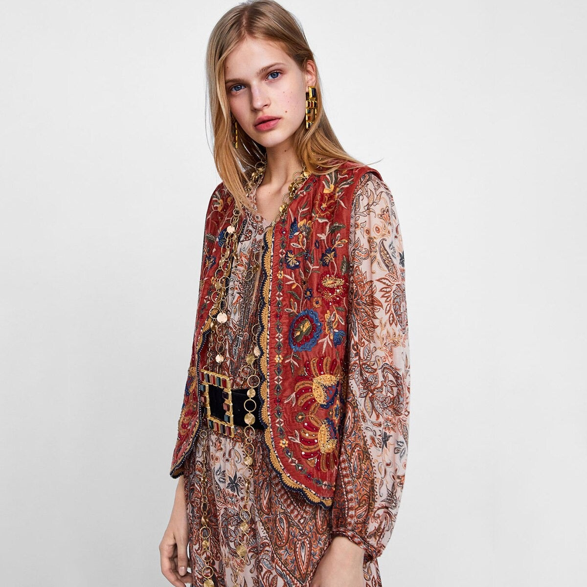 Women's Boho Waistcoat with Floral Design and Soft Texture