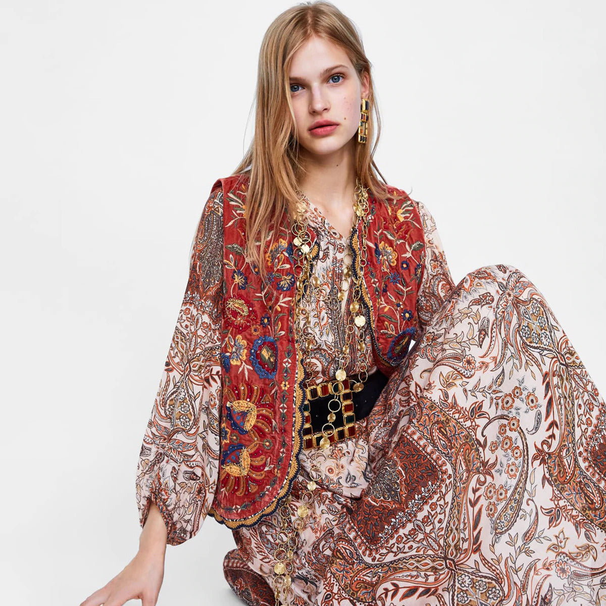 Women's Boho Waistcoat with Floral Design and Soft Texture