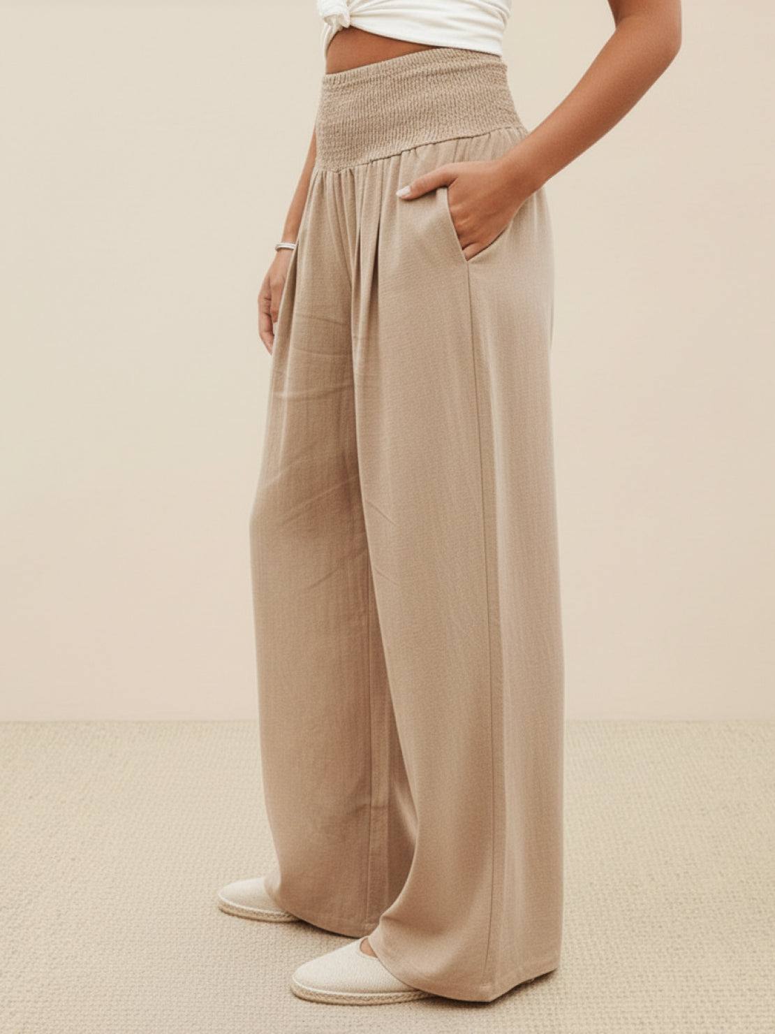 Women's High Waist Wide Leg Trousers with Smocked Waist and Relaxed Fit