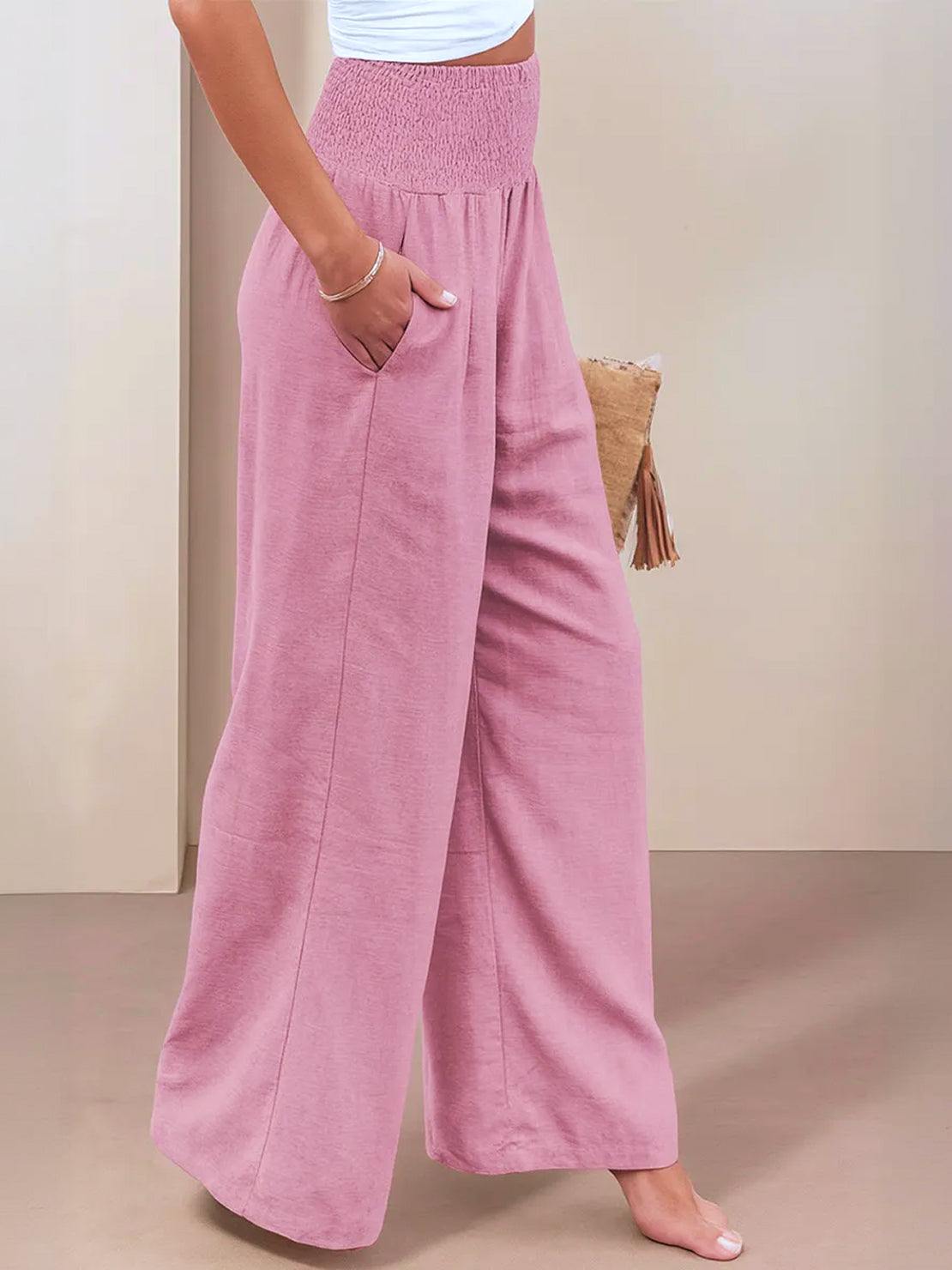 Women's High Waist Wide Leg Trousers with Smocked Waist and Relaxed Fit