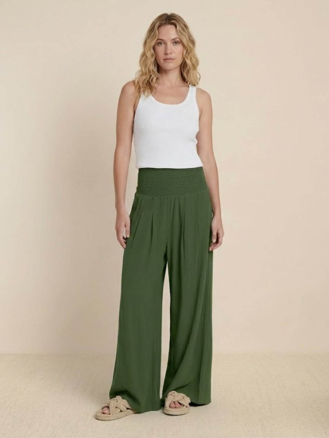 Women's High Waist Wide Leg Trousers with Smocked Waist and Relaxed Fit
