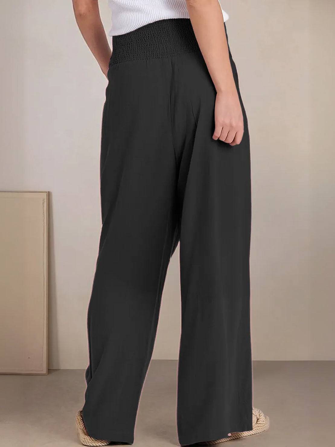 Women's High Waist Wide Leg Trousers with Smocked Waist and Relaxed Fit