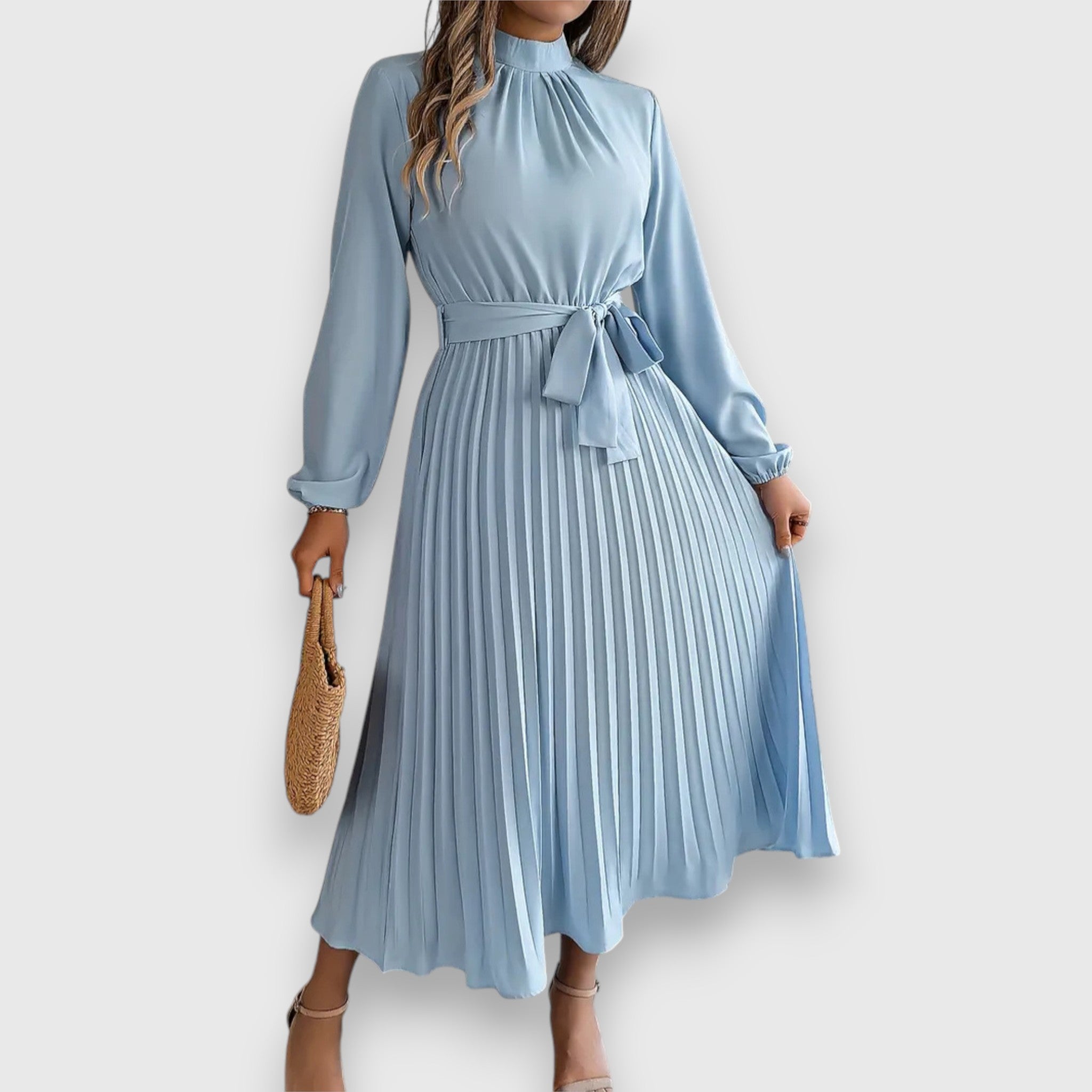 Women's Pleated Midi Dress with Flared Skirt and Sleeveless Design