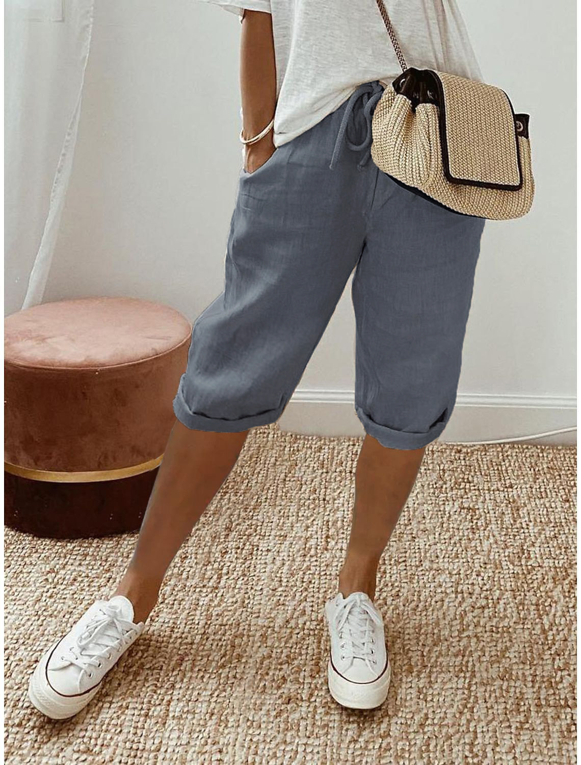 Women's Capri Trousers with Relaxed Fit and Elastic Waist