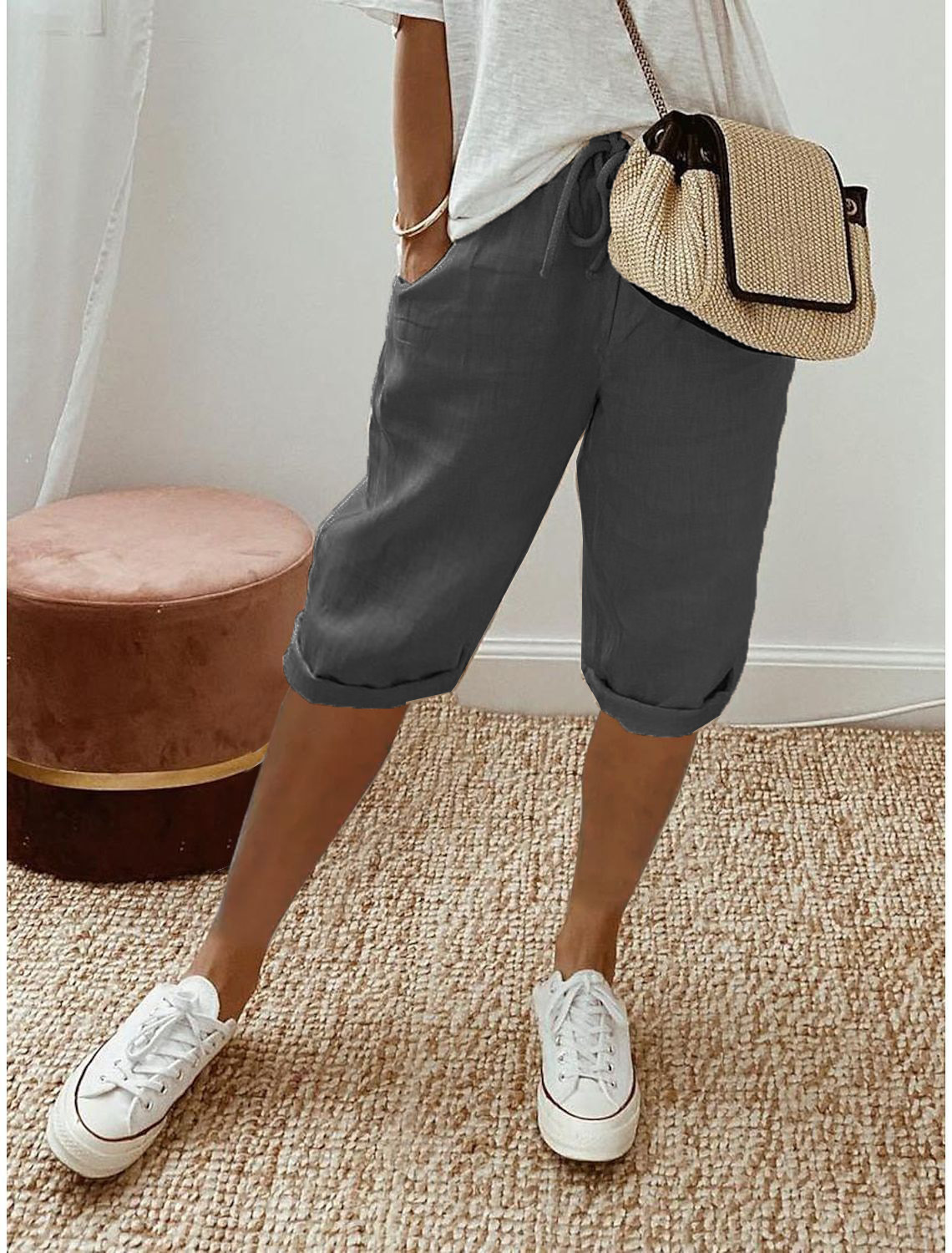 Women's Capri Trousers with Relaxed Fit and Elastic Waist