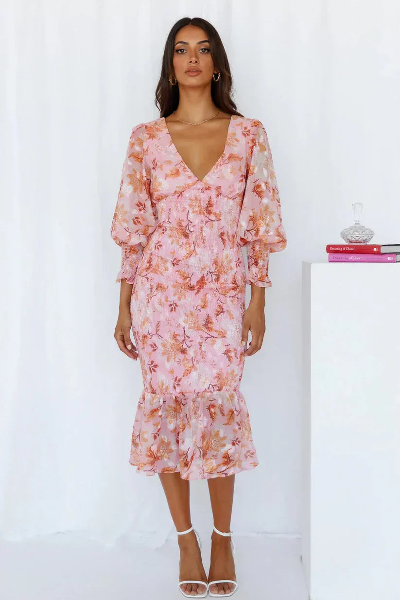 Women's Floral Dress with Short Sleeves and A-Line Skirt