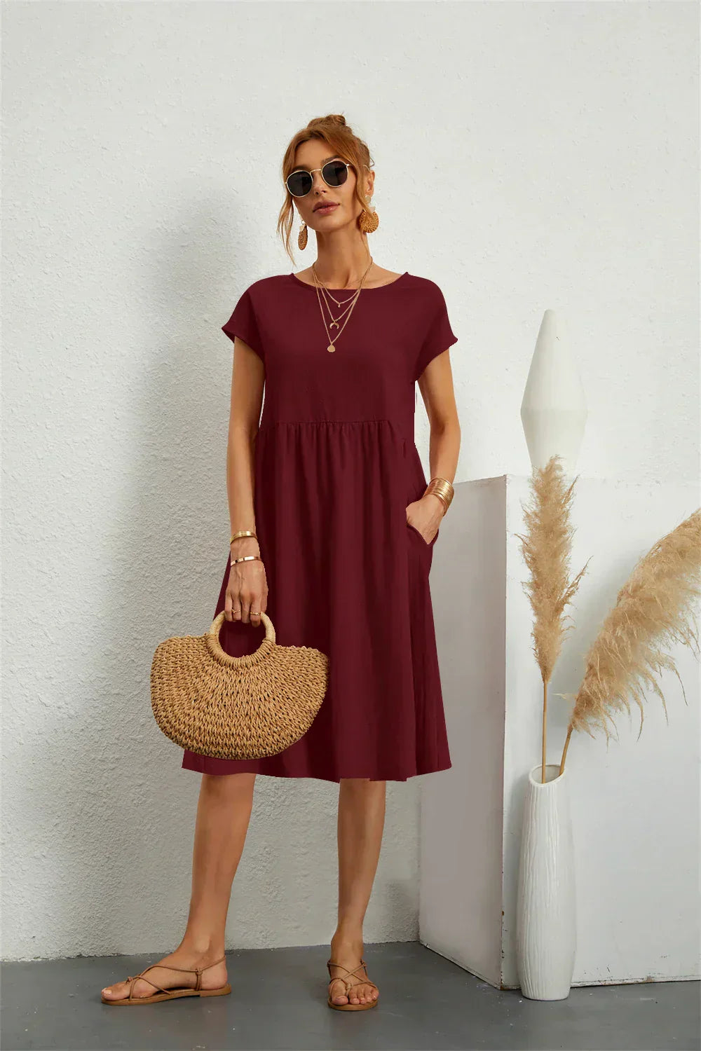 Women's Casual Dress with Pockets and Short Sleeves