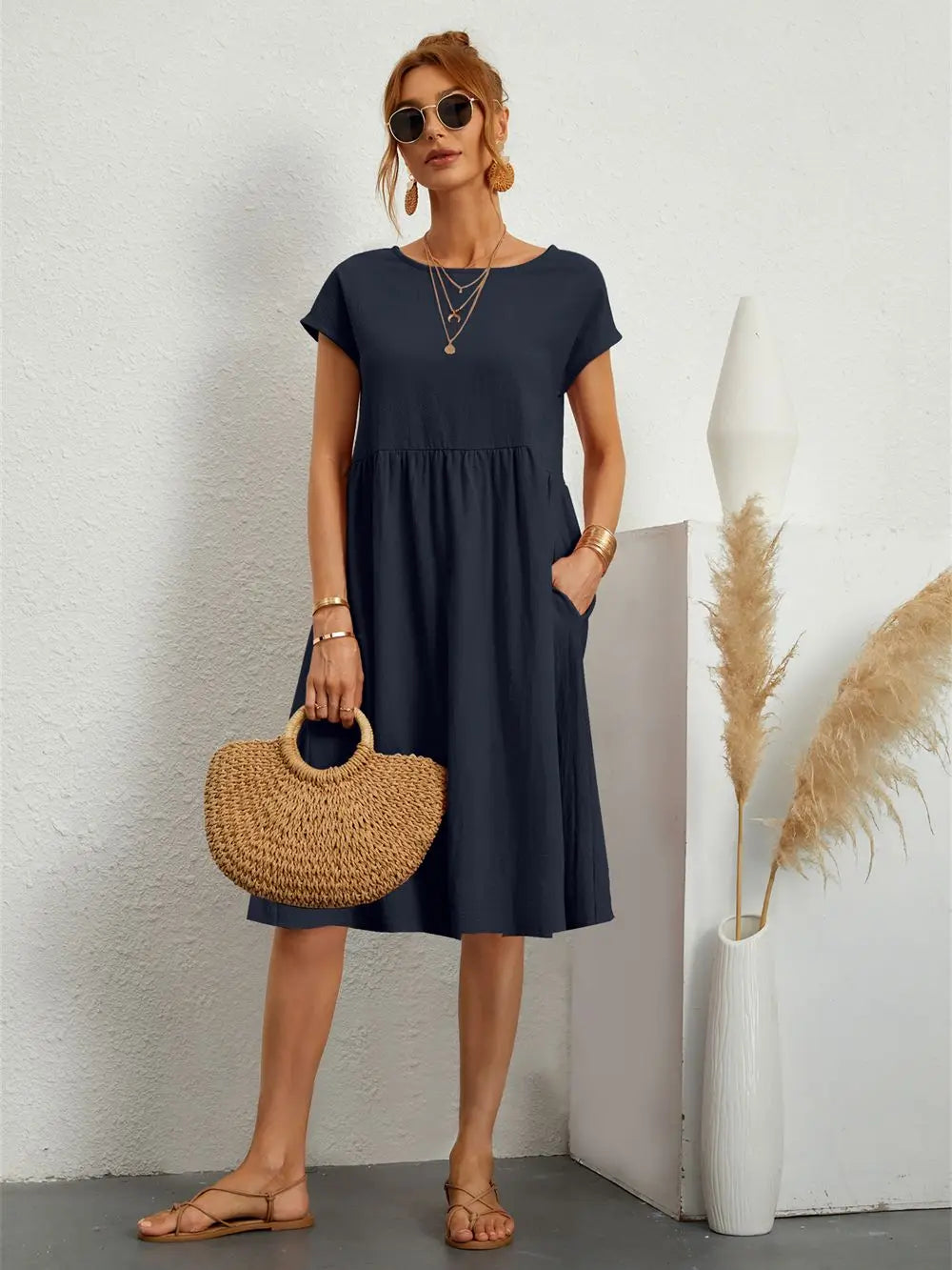 Women's Casual Dress with Pockets and Short Sleeves