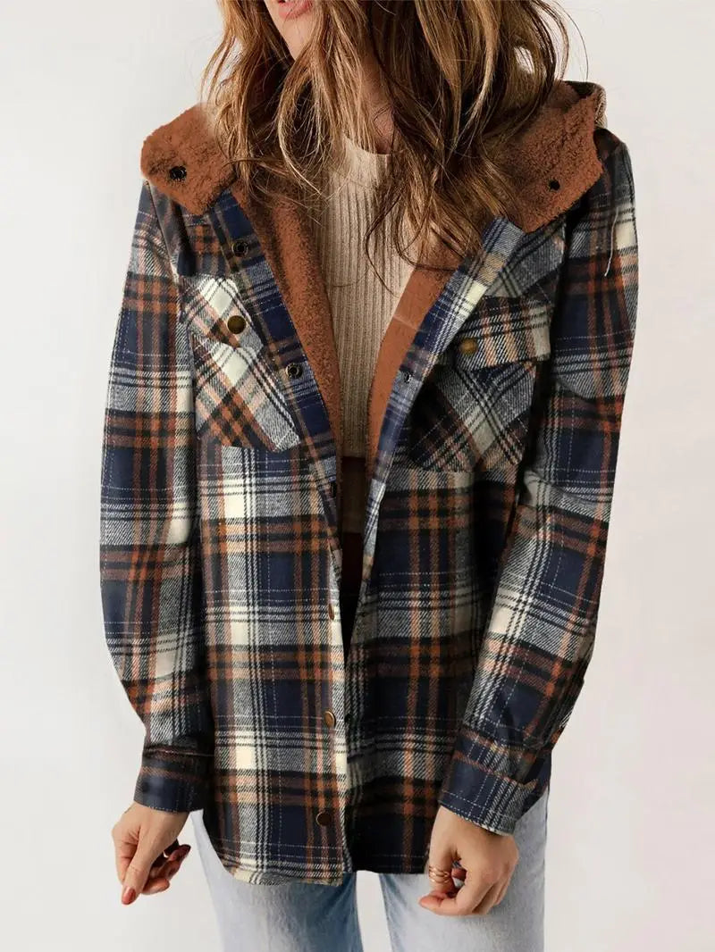 Women's Plaid Jacket with Button Closure and Side Pockets