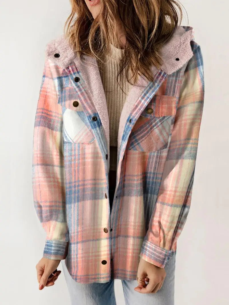Women's Plaid Jacket with Button Closure and Side Pockets