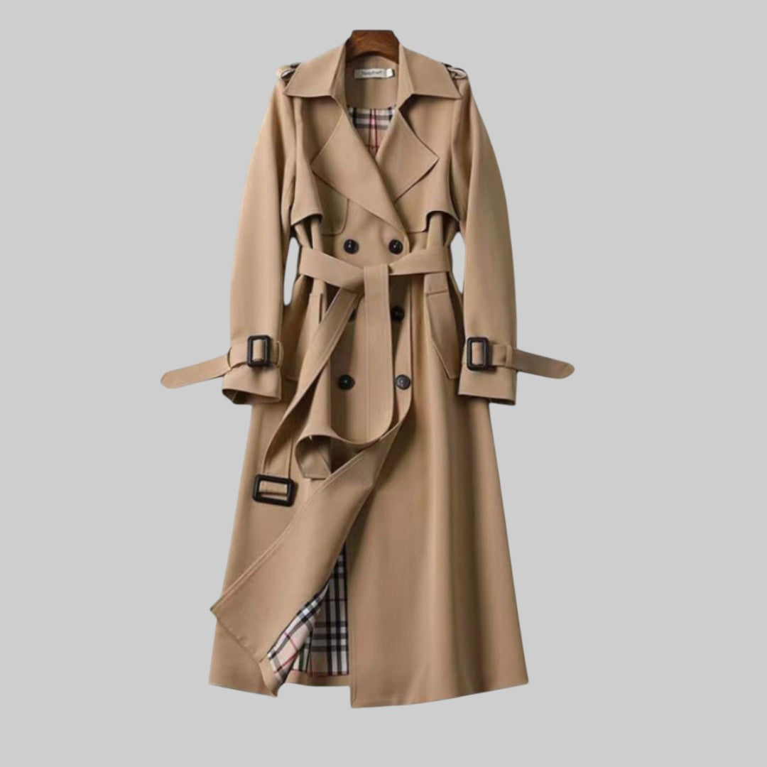 Women's Classic Trench Coat with Double-Breasted Design and Belted Waist