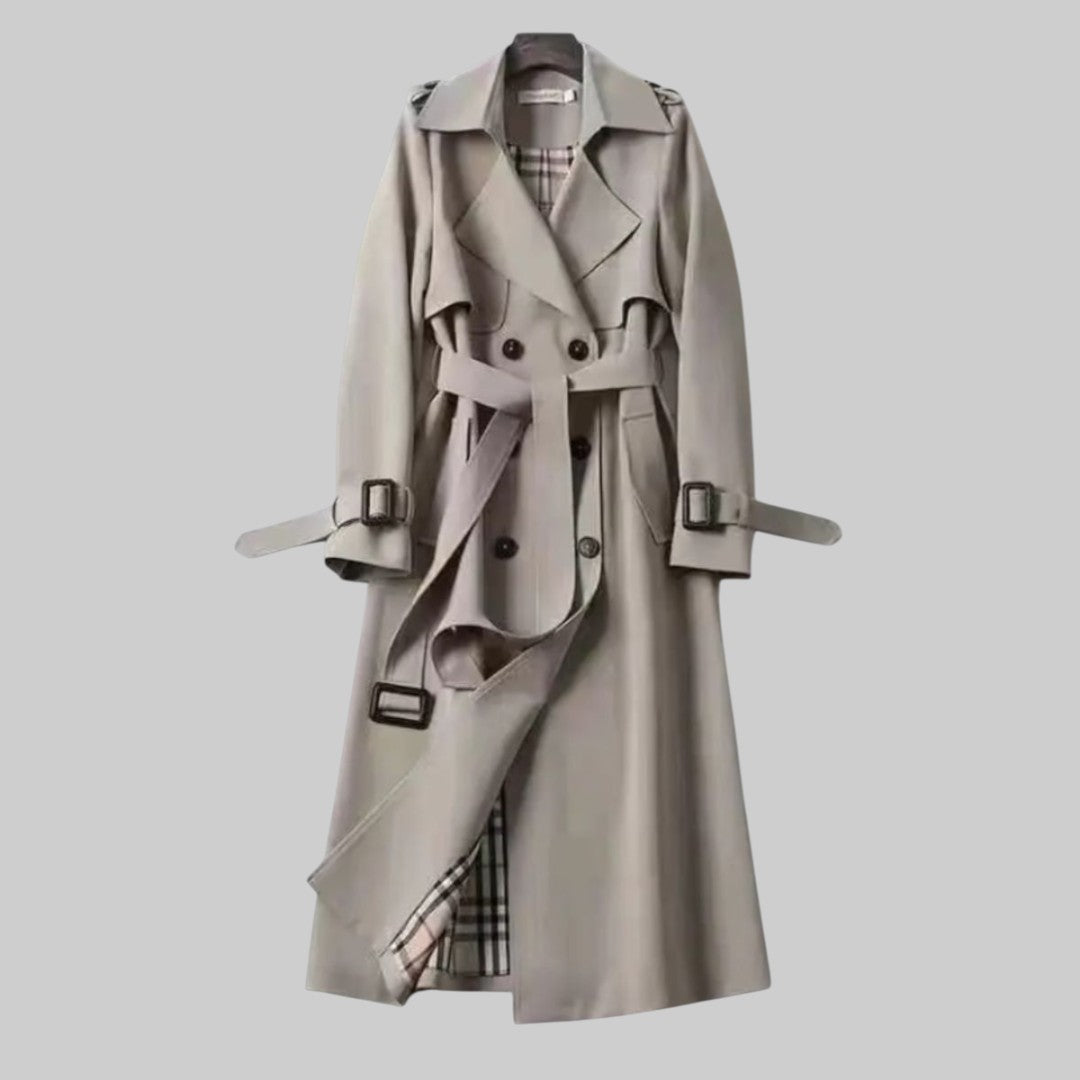 Women's Classic Trench Coat with Double-Breasted Design and Belted Waist