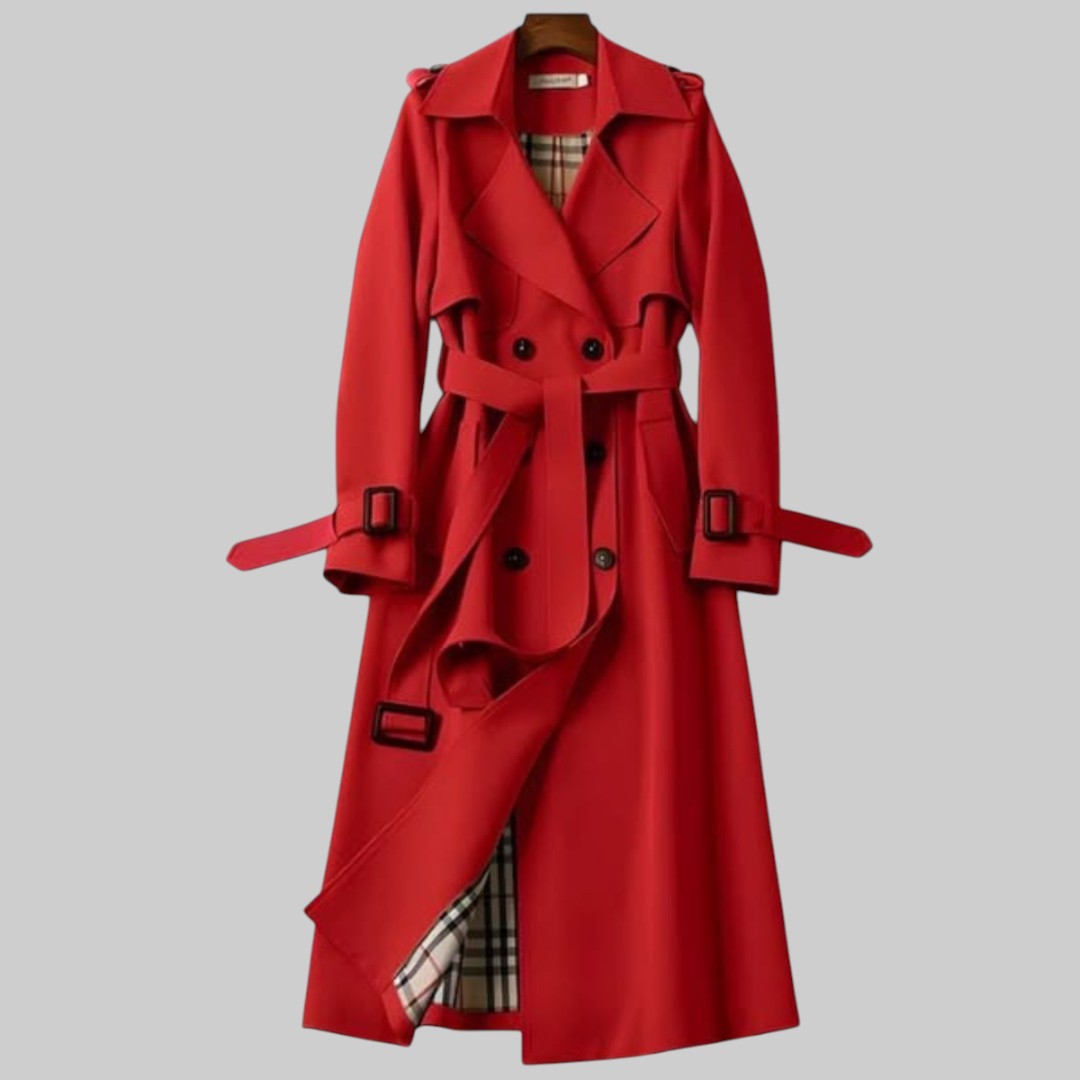 Women's Classic Trench Coat with Double-Breasted Design and Belted Waist