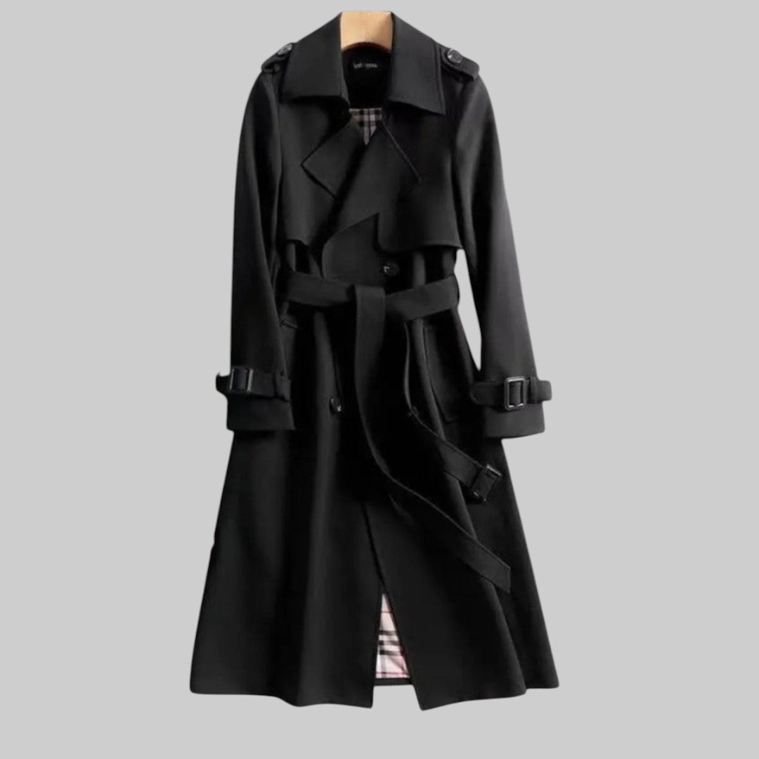 Women's Classic Trench Coat with Double-Breasted Design and Belted Waist