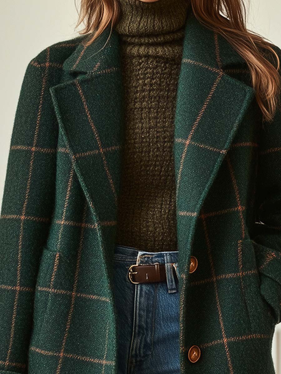 Women's Classic Plaid Coat with Button Closure and Side Pockets