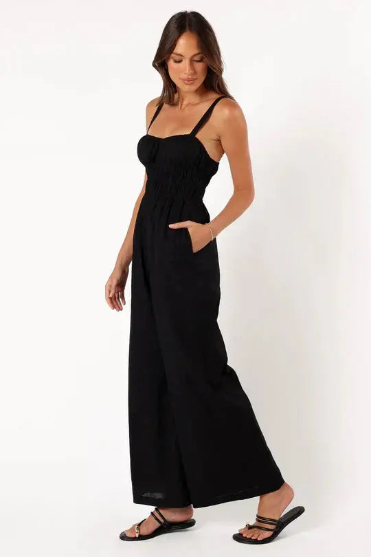 Wide-Leg Jumpsuit with Smocked Bodice