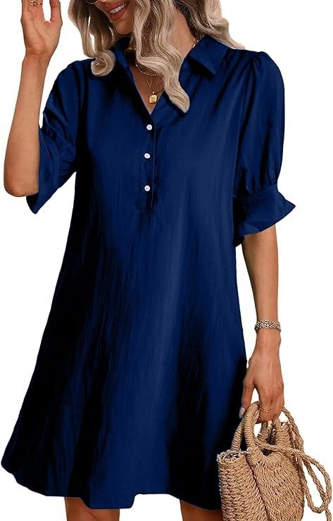 Women's Button-Down Shirt Dress with 3/4 Sleeves and Knee Length