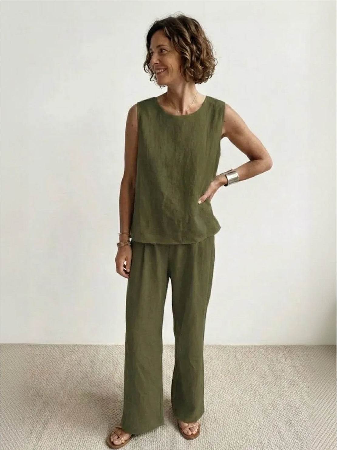 Women's Sleeveless Tank Top with Matching Wide-Leg Trousers