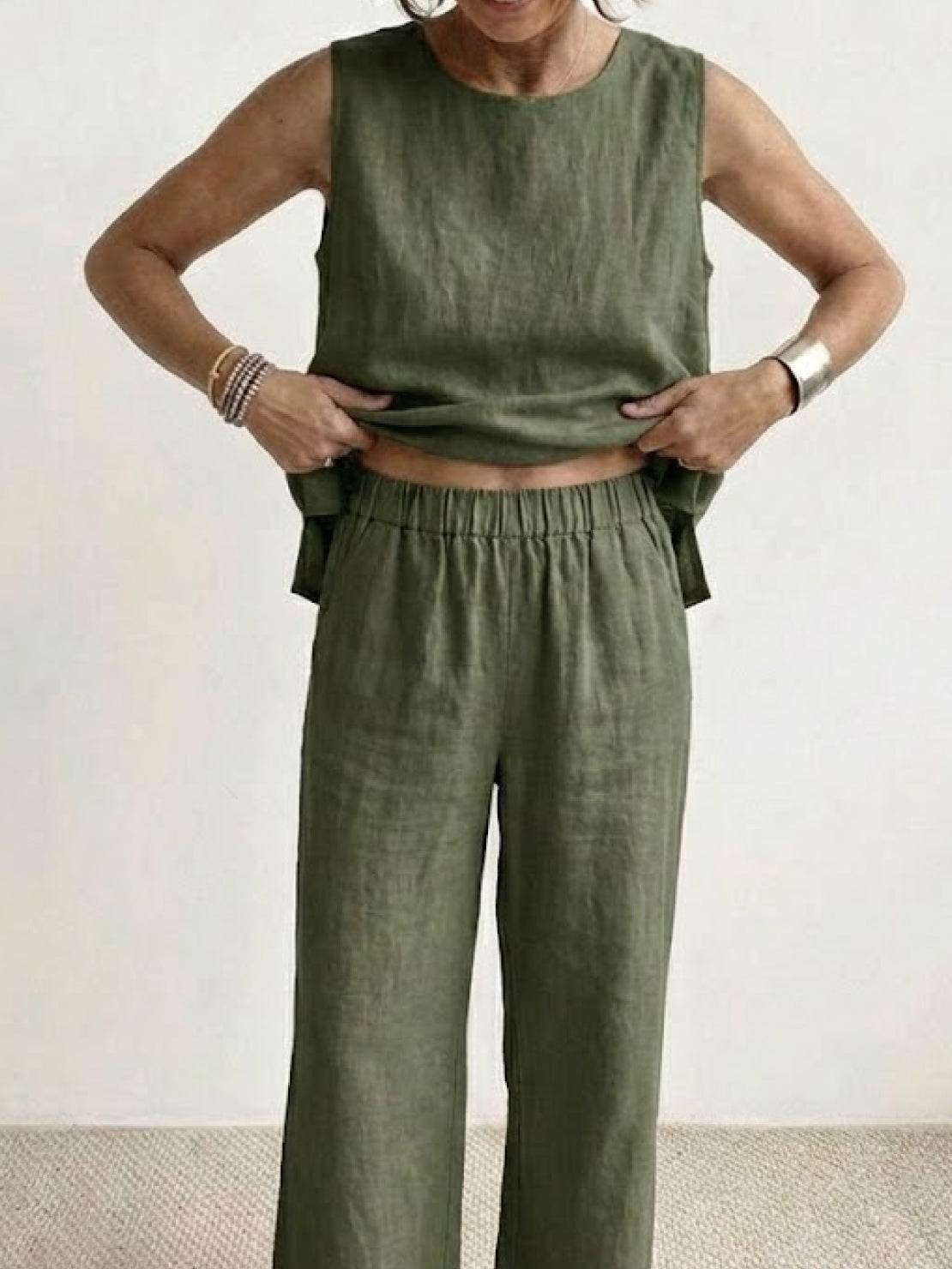 Women's Sleeveless Tank Top with Matching Wide-Leg Trousers