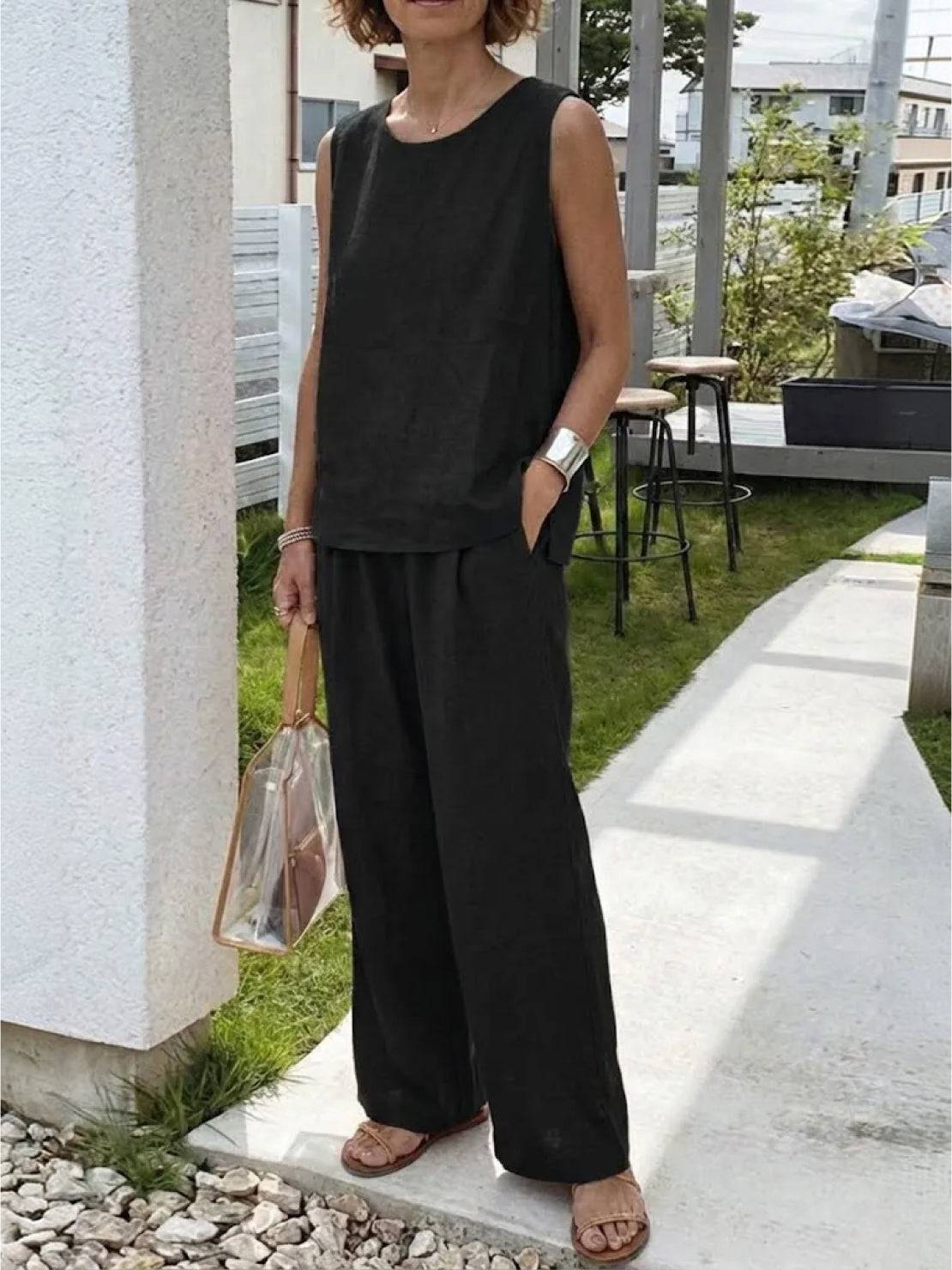 Women's Sleeveless Tank Top with Matching Wide-Leg Trousers