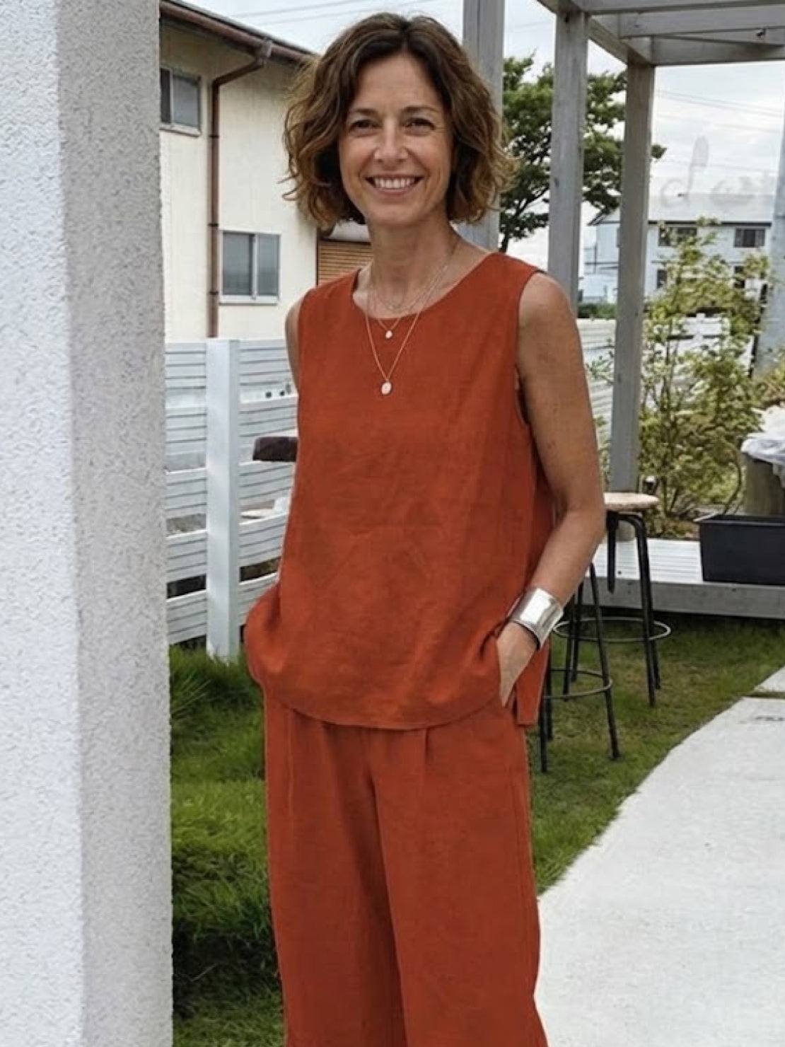 Women's Sleeveless Tank Top with Matching Wide-Leg Trousers