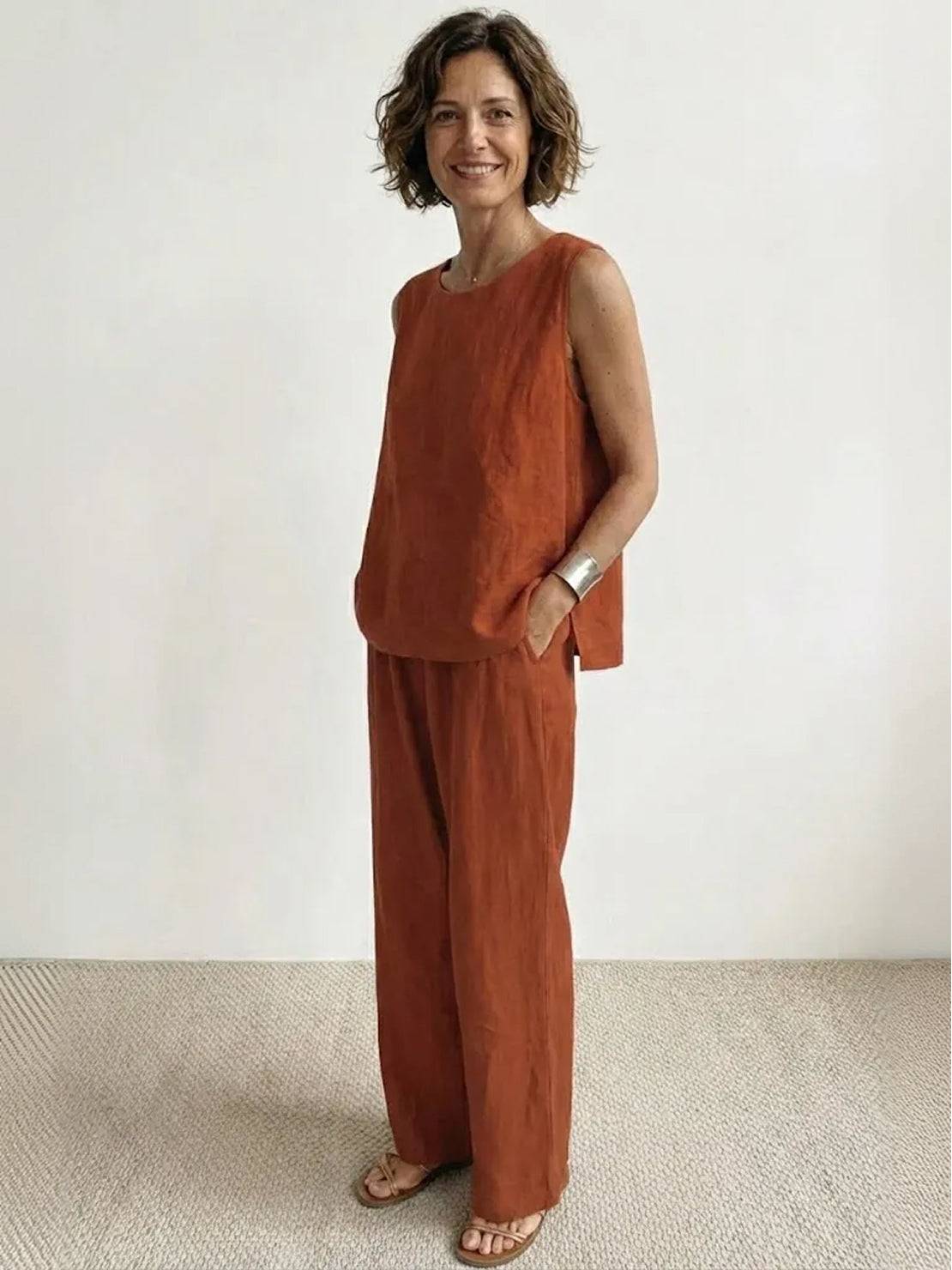 Women's Sleeveless Tank Top with Matching Wide-Leg Trousers