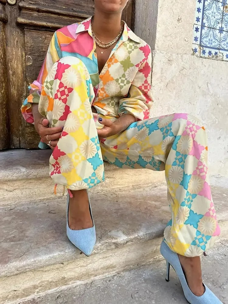 Women’s Long Sleeve Jumpsuit | Geometric Pattern
