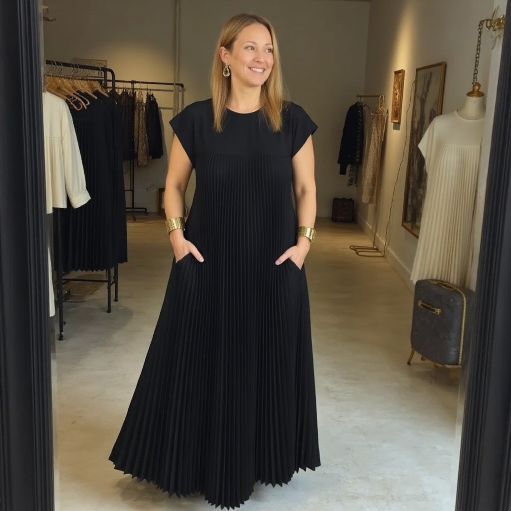 Women's Pleated Maxi Dress with Flowing Design and Versatile Style