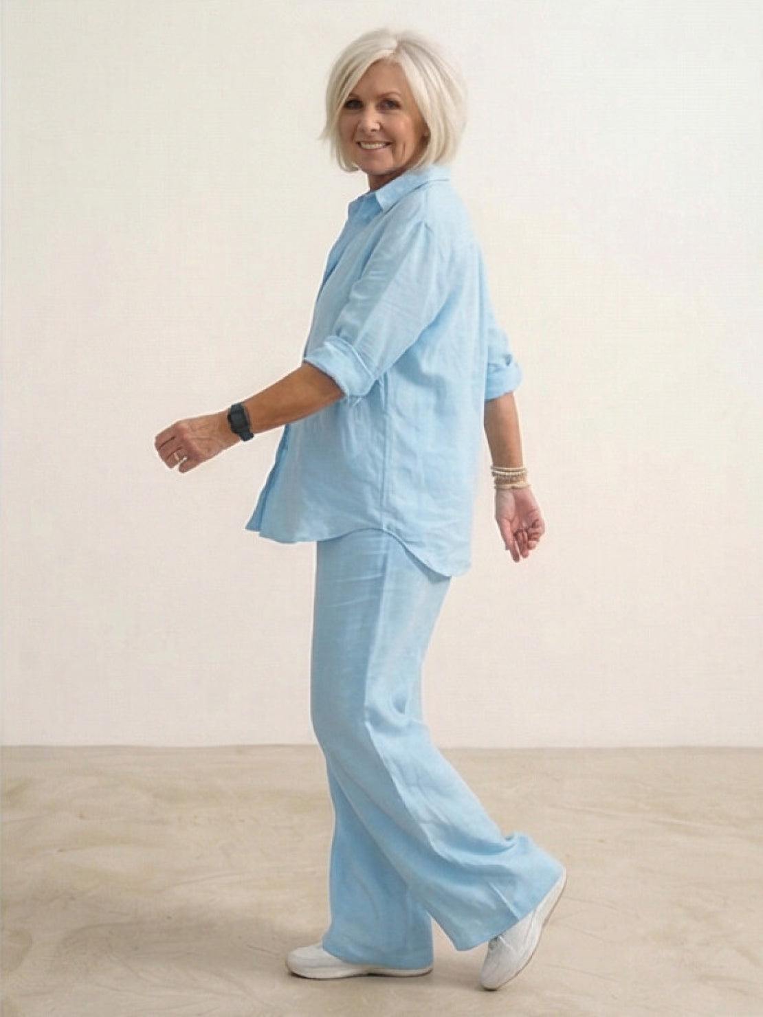 Women's Button-Down Shirt with Wide-Leg Trousers Set
