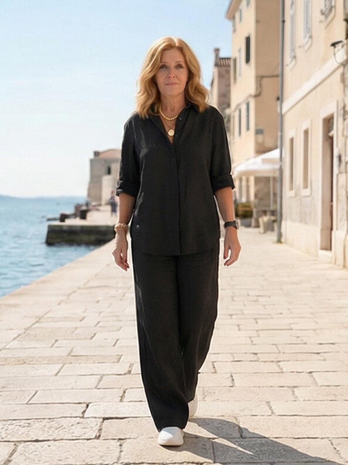 Women's Button-Down Shirt with Wide-Leg Trousers Set