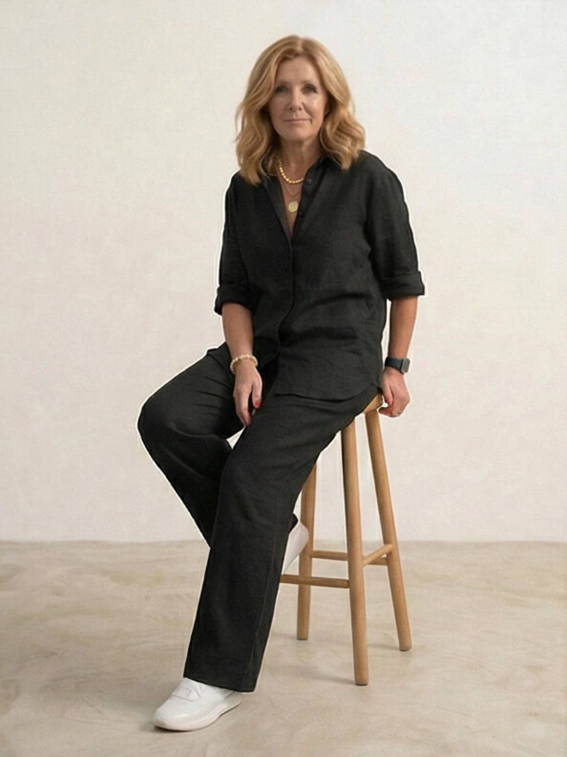 Women's Button-Down Shirt with Wide-Leg Trousers Set