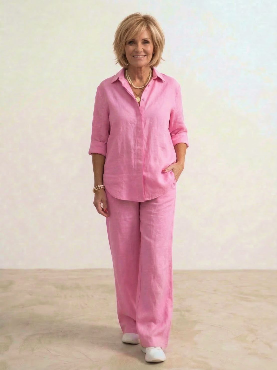 Women's Button-Down Shirt with Wide-Leg Trousers Set