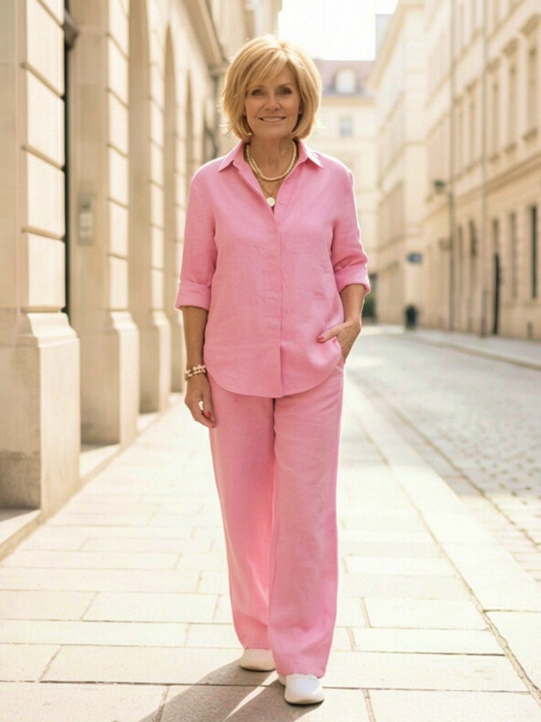 Women's Button-Down Shirt with Wide-Leg Trousers Set