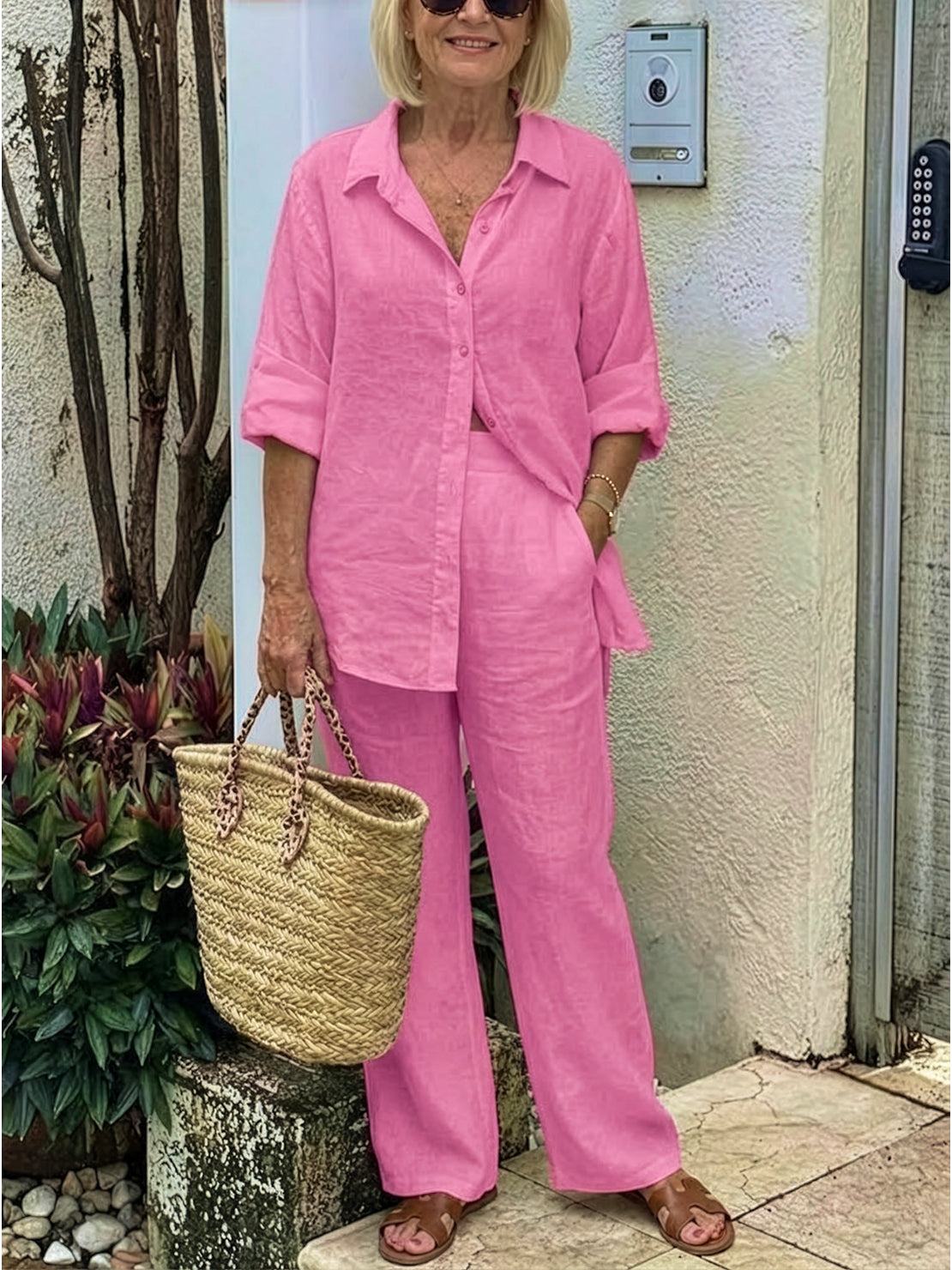 Women's Button-Down Shirt with Wide-Leg Trousers Set