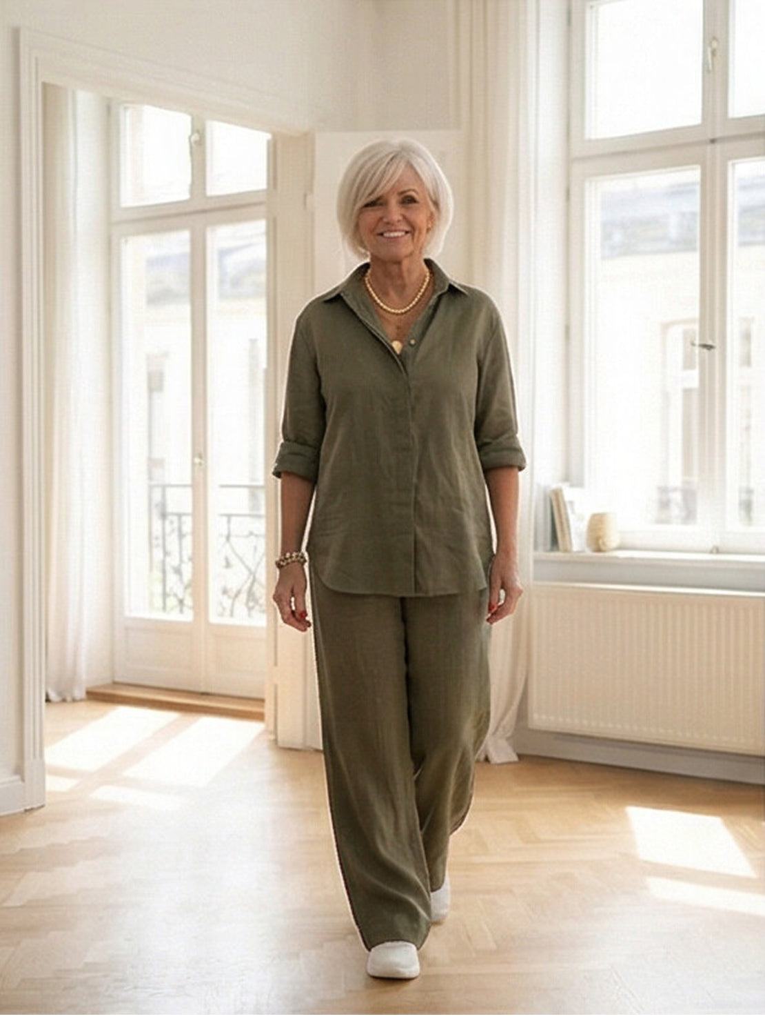 Women's Button-Down Shirt with Wide-Leg Trousers Set