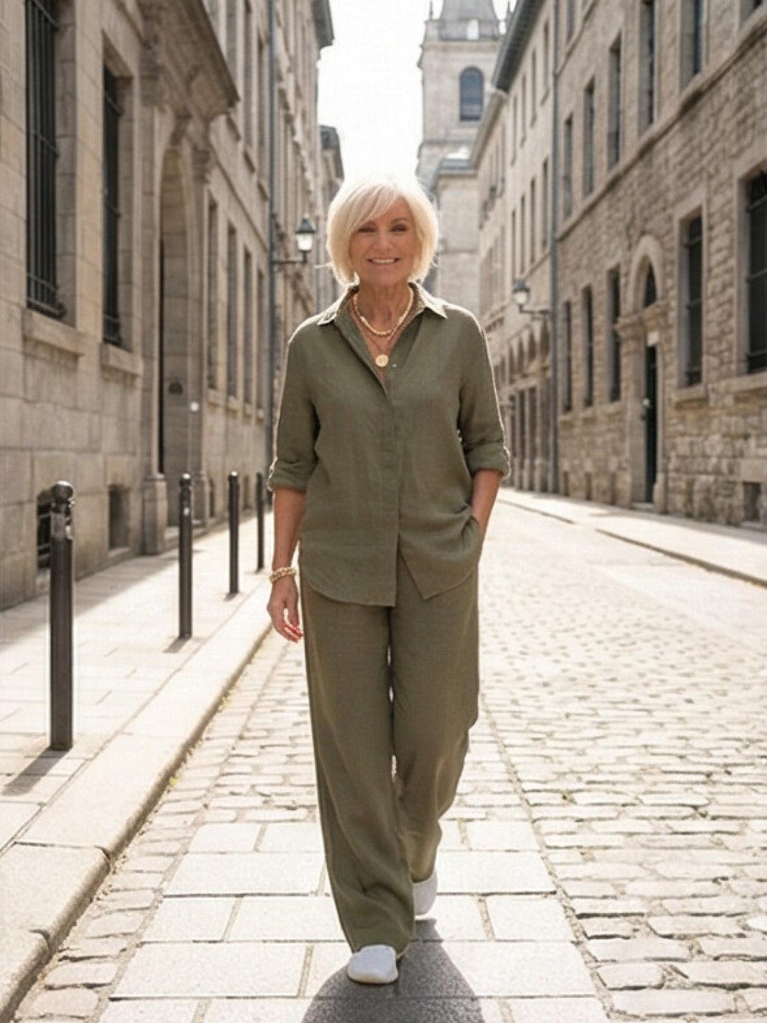 Women's Button-Down Shirt with Wide-Leg Trousers Set