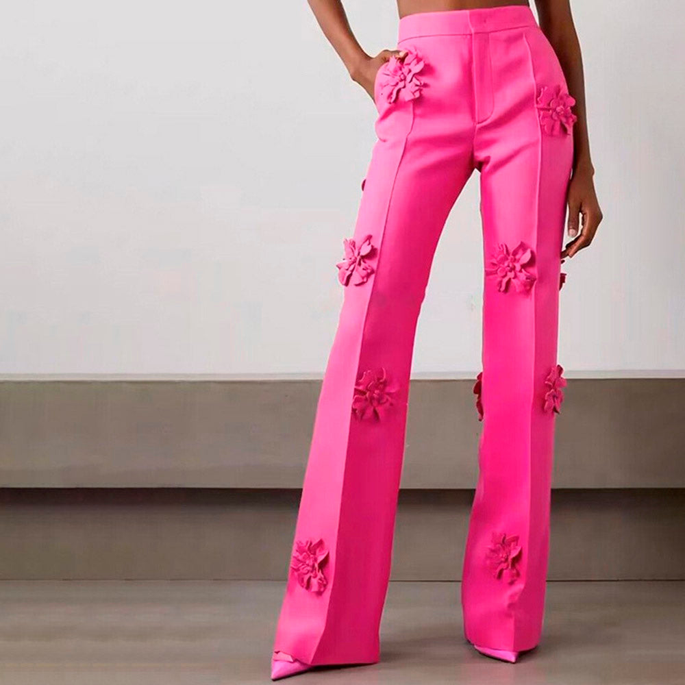 Women's Double-Breasted Blazer and Wide-Leg Pants Dressy Set | 3D Flower Appliques