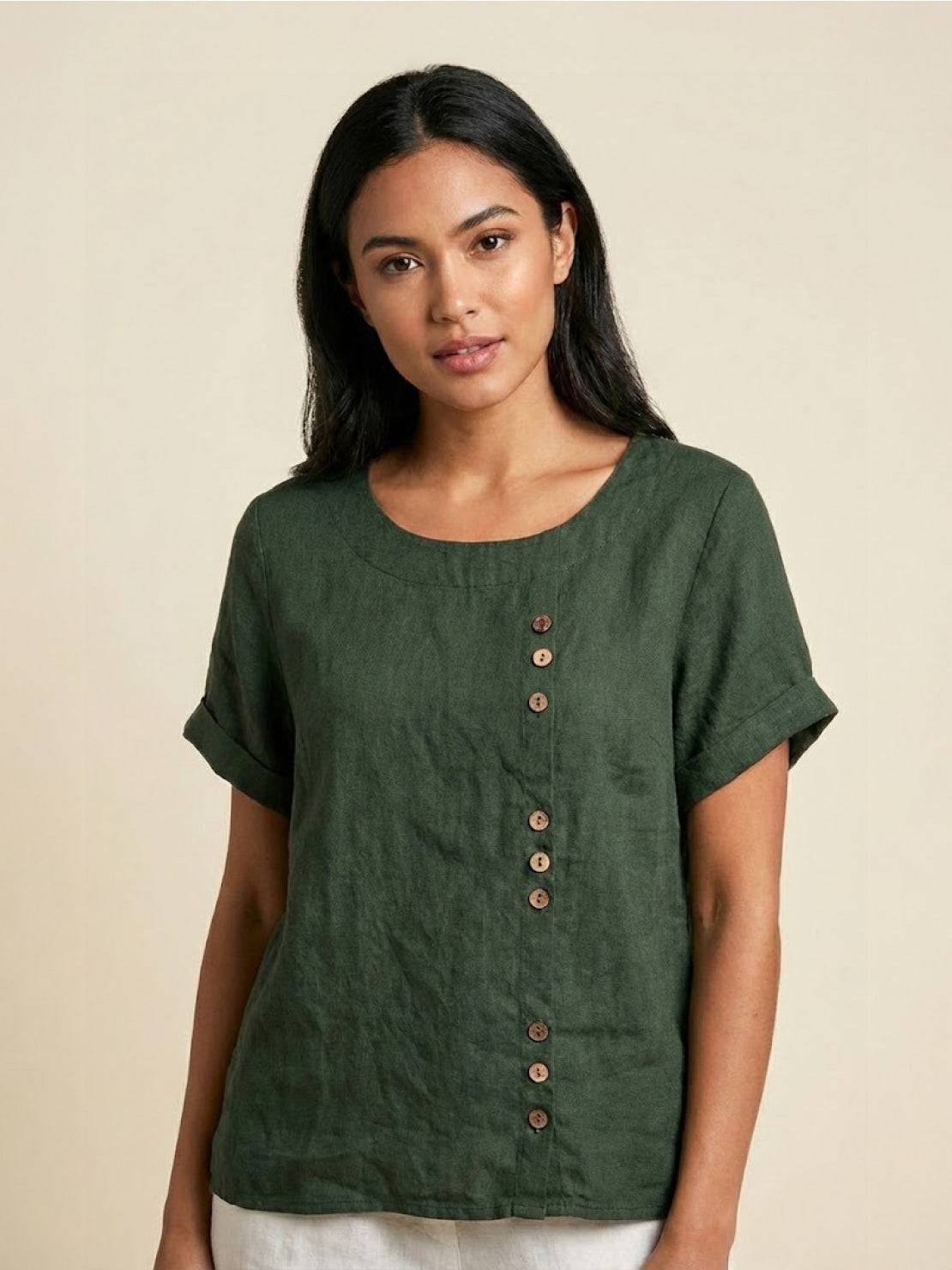 Women's Short Sleeve Top with Scoop Neck and Button Detail