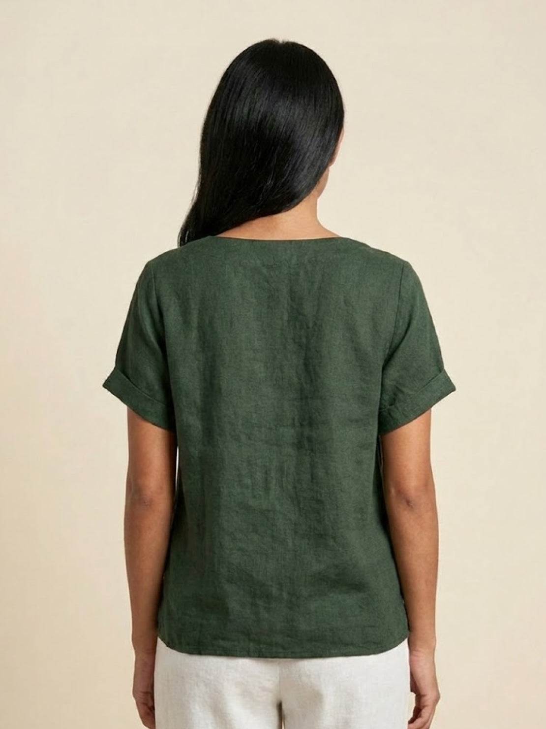Women's Short Sleeve Top with Scoop Neck and Button Detail