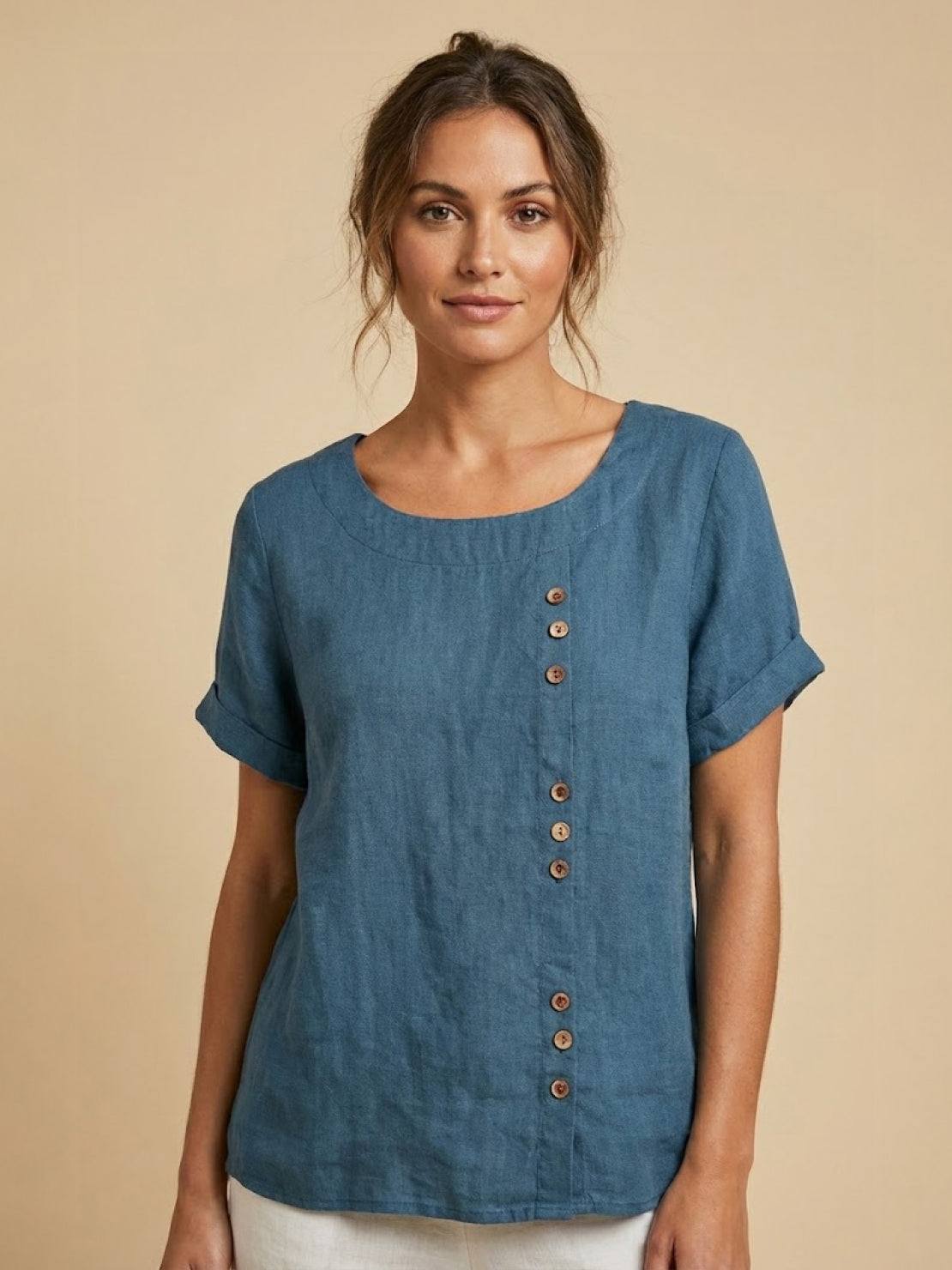 Women's Short Sleeve Top with Scoop Neck and Button Detail