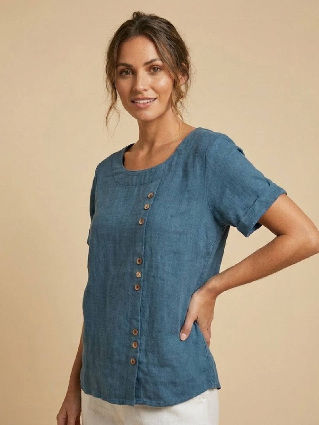 Women's Short Sleeve Top with Scoop Neck and Button Detail